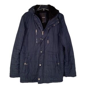 Hurley men's navy blue winter jacket with a faux fur-lined hood Men's M